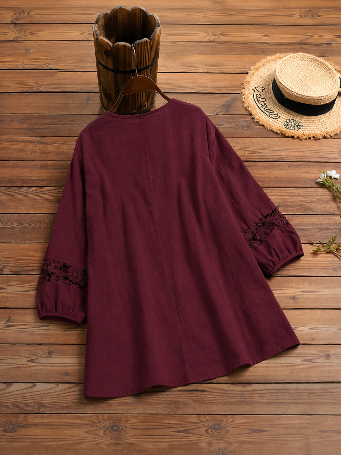 Lace-paneled Cotton-linen Top With Tie Detail — Loose-fit, Three-quarter Sleeve, Cotton-feel Fabric