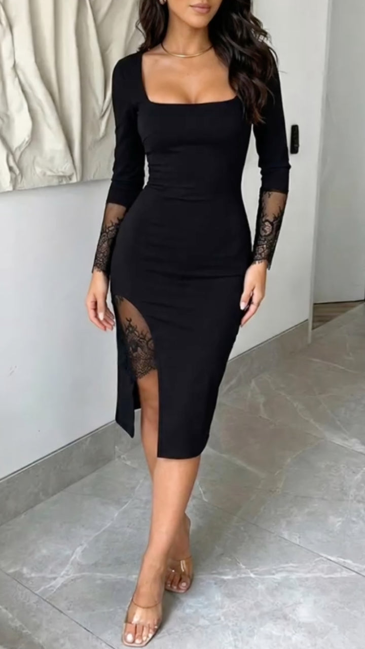 Black Square Neck Lace Midi Dress