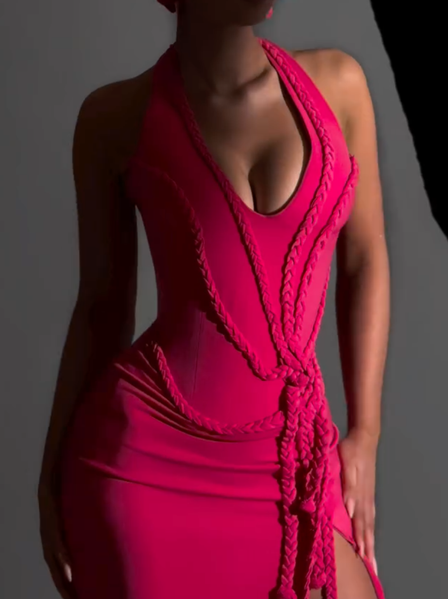 Fuchsia Halter Neck Maxi Dress with Braided Detail & High Slit