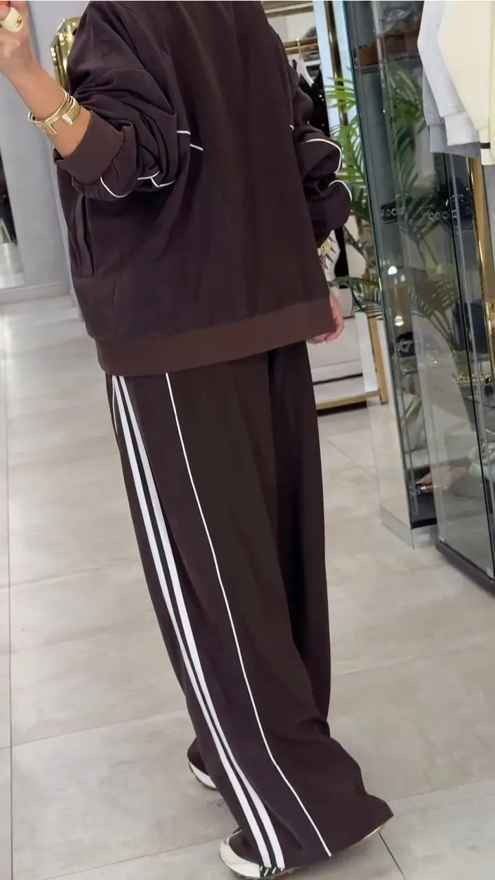 Dark Brown Color Block Stripe Notched Collar Tracksuit Set