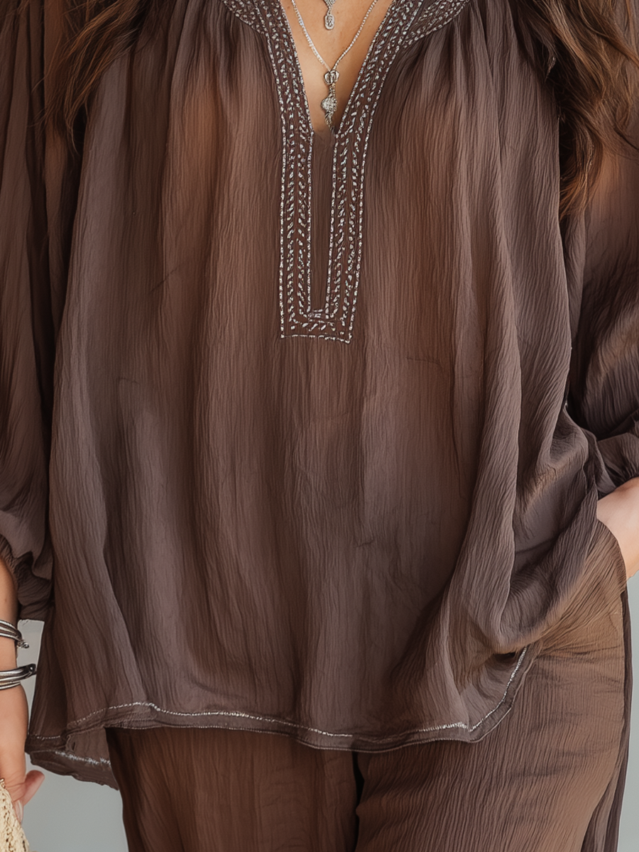Bohemian Brown Embroidered V-Neck Blouse