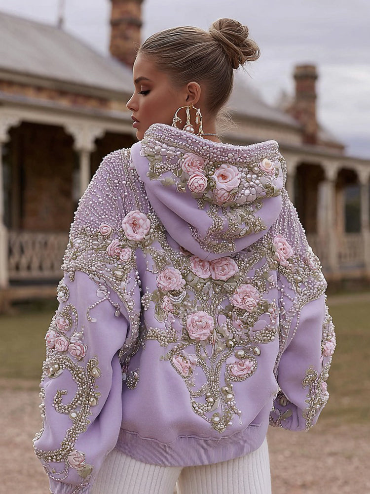 Women's Vintage Rose Pearl Embroidered Comfort Hoodie