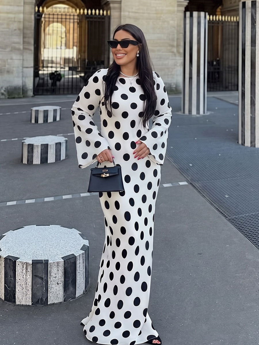 Polka Dot Contrast Color Loose Long Sleeves Round-neck Maxi Dresses