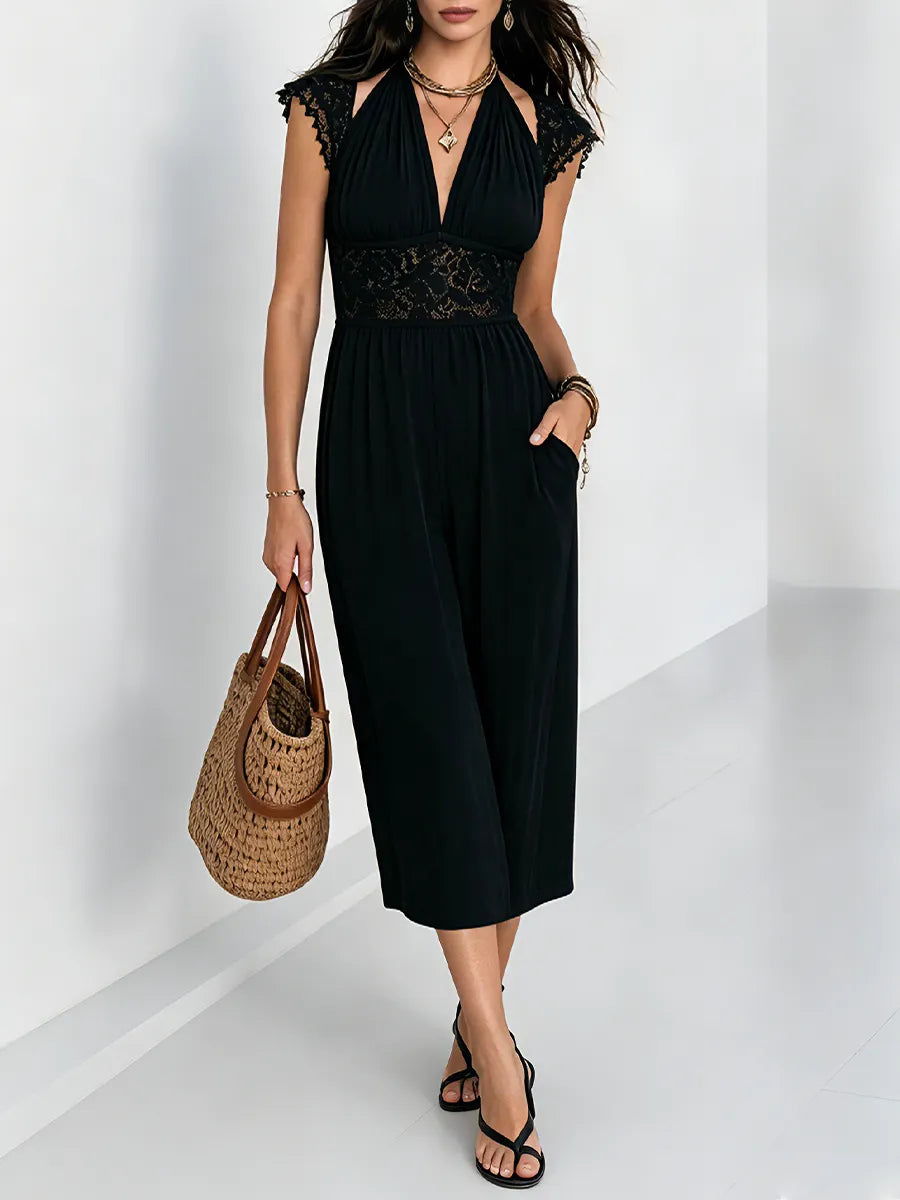 Resort Black Halter Neck Lace Trim A-Line Midi Dress