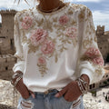 Women's Pink Flower Embroidery Art Round Neck Long Sleeve Casual Sweatshirt