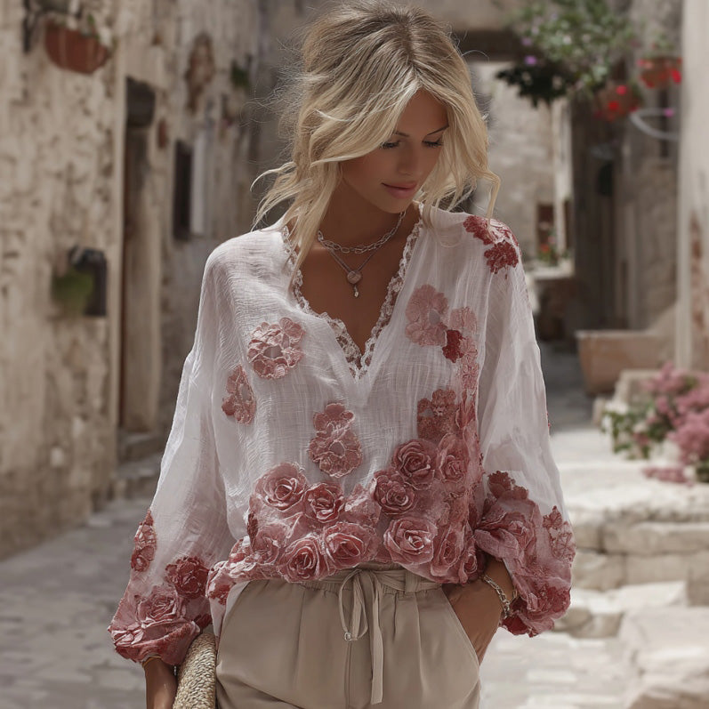 Women's Rose Floral Embroidery Linen V-neck T-shirt