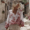 Women's Rose Floral Embroidery Linen V-neck T-shirt