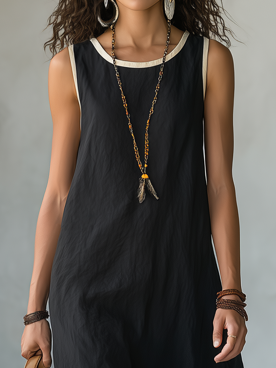 Elegant Black Contrast Ruffle Midi Dress