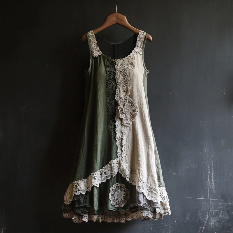 Vintage Lace Patchwork Comfy Linen Tank Dress