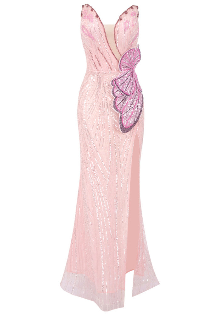 Strapless Sequin Floral Maxi Dress Pink