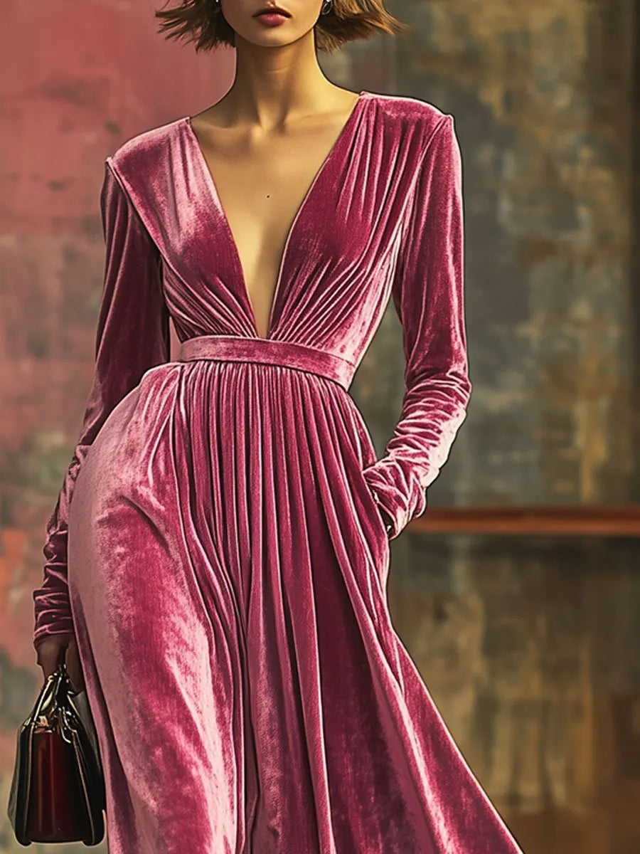 [24-hour shipping out]V-Neck Loose Simple Solid Color Velvet Pocket Long Sleeve Maxi Dress