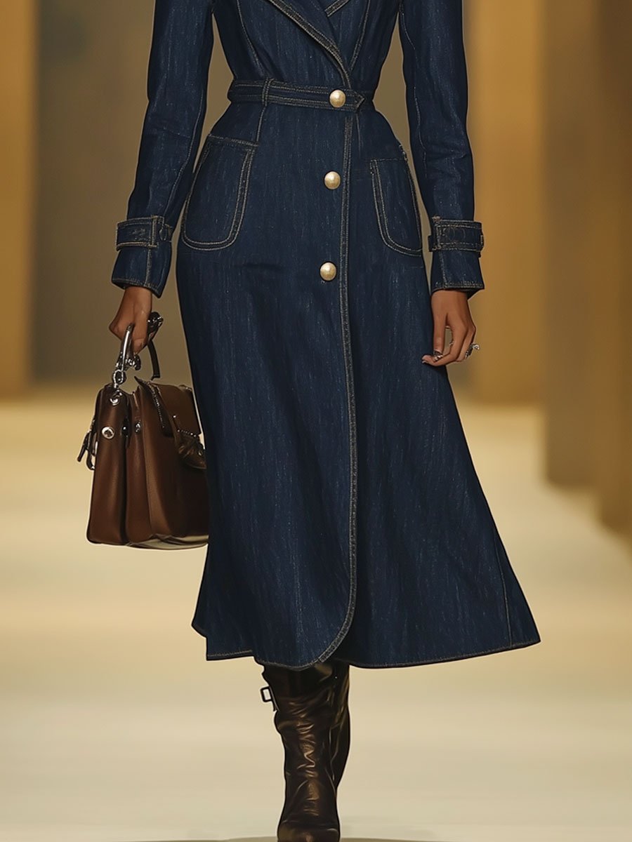 [24-hour shipping out]Casual Retro Pocket Denim Long Sleeve Dress Style Trench Coat