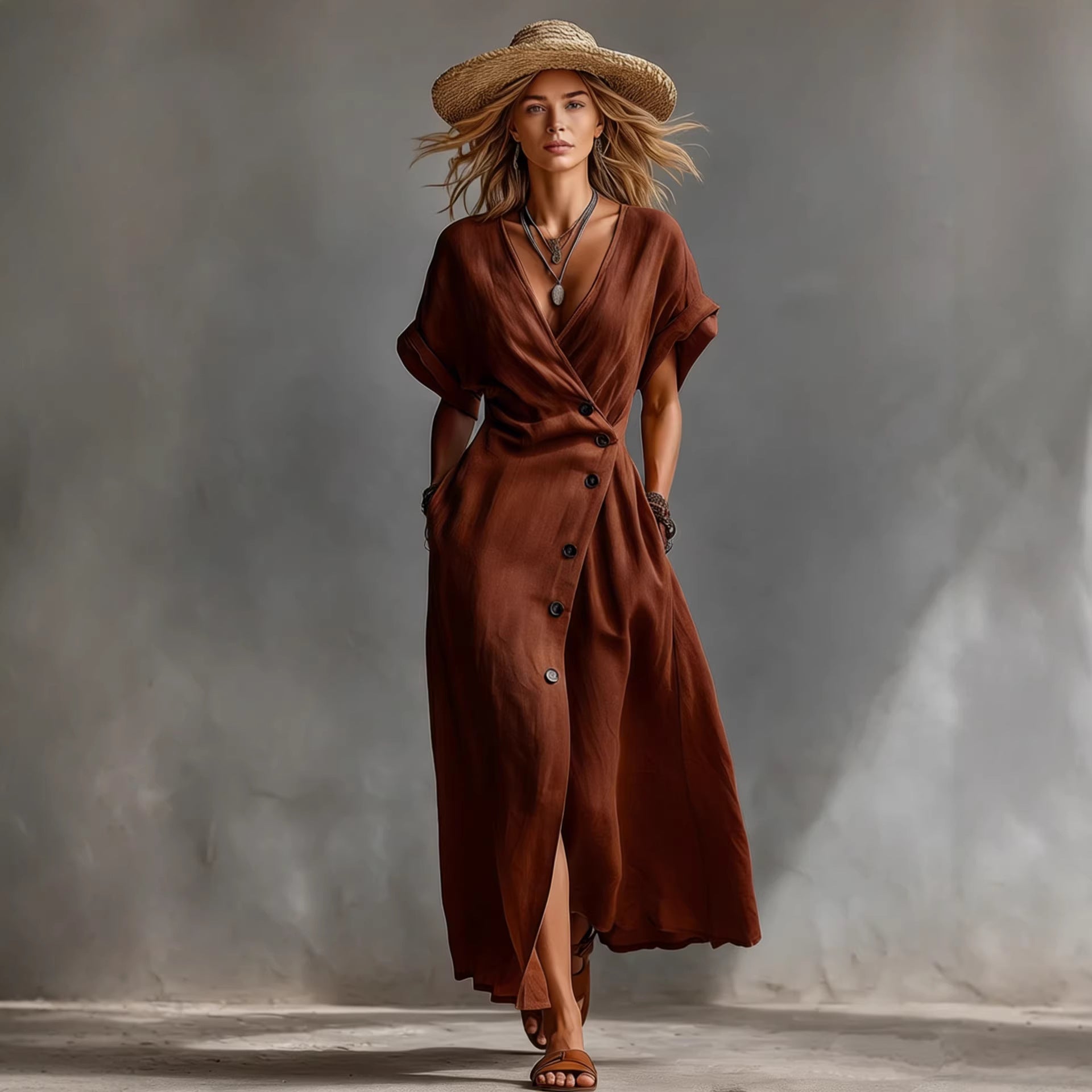Vintage V-Neck Button Maxi Dress with Pockets