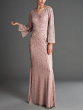 V-Neck Long Sleeve Lace Maxi Dress
