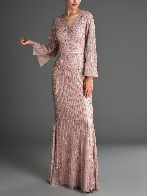 V-Neck Long Sleeve Lace Maxi Dress
