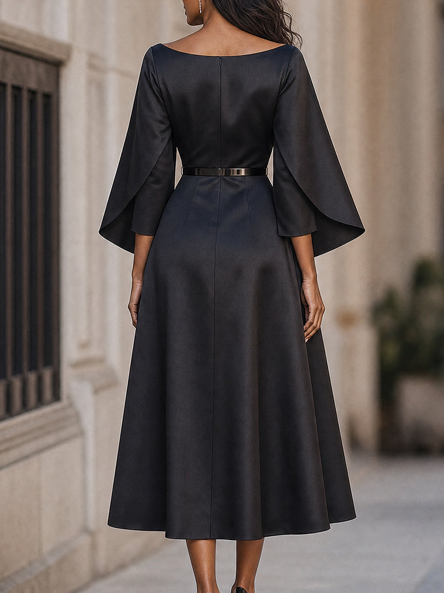 Cape-Sleeve Boat Neck Midi Dress
