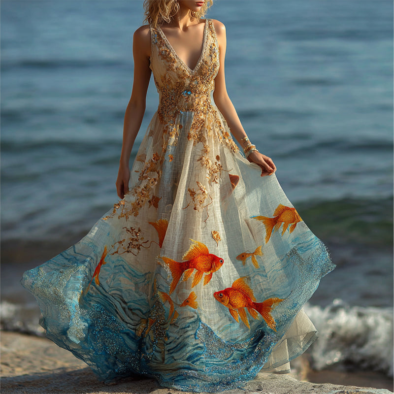 Vintage Aquarium Aesthetic Golden Fish Flowy Maxi Dress