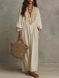 Elegant Gold Embroidered Long Sleeve Ivory Boho Maxi Dress