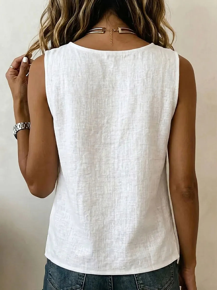 Women's Round-neck Sleeveless Cotton-linen T-shirt With Buttons