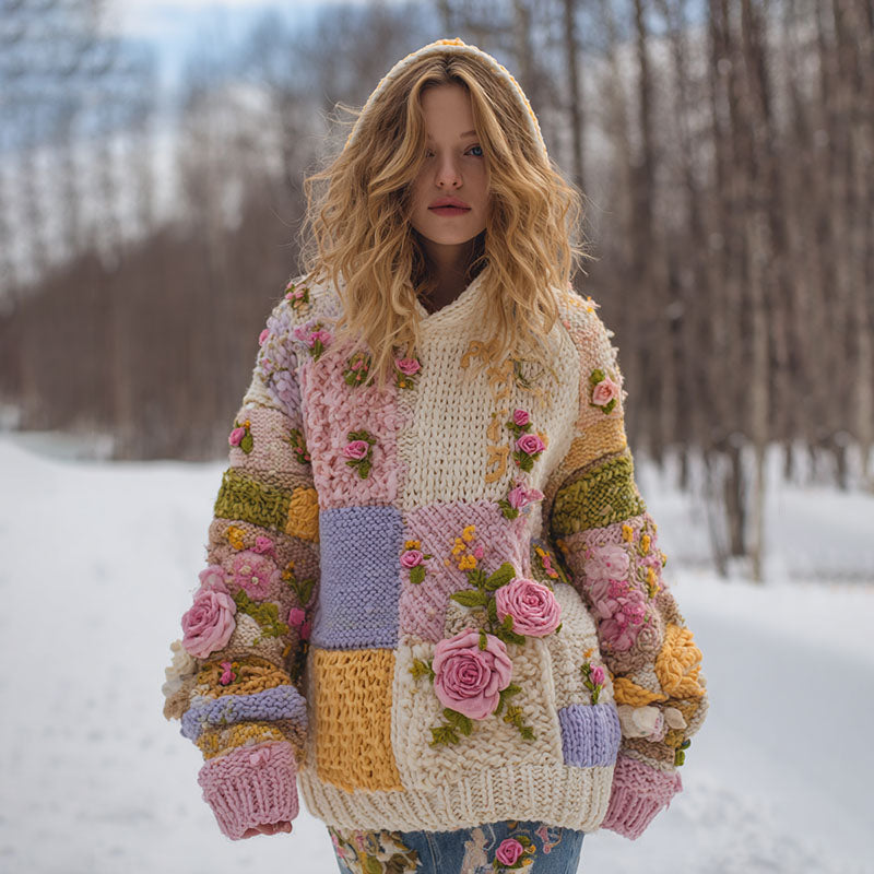 Women's Vintage Floral Patchwork Art Knit Jacquard Hooded Sweater