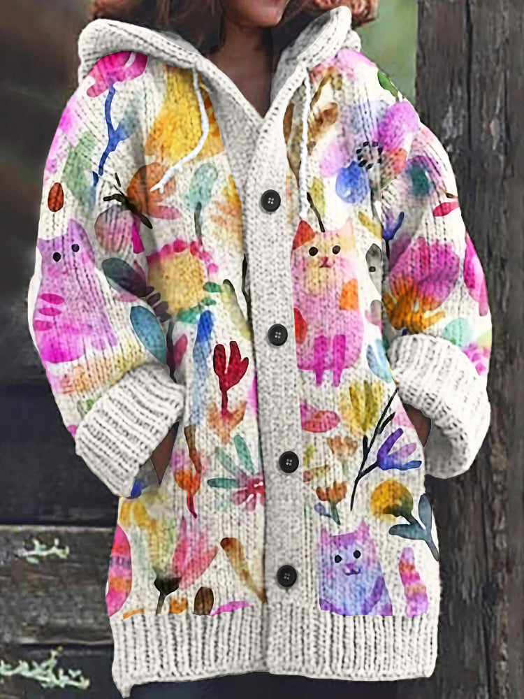 Women's Colorful Floral And Cat Art Hooded Cardigan Sweater