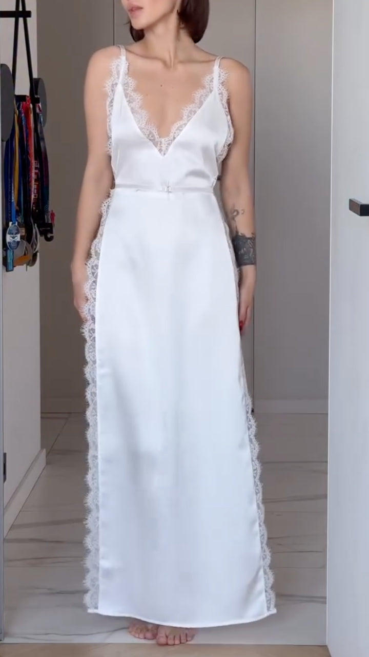 V Neck Satin Lace Trim Maxi Dress