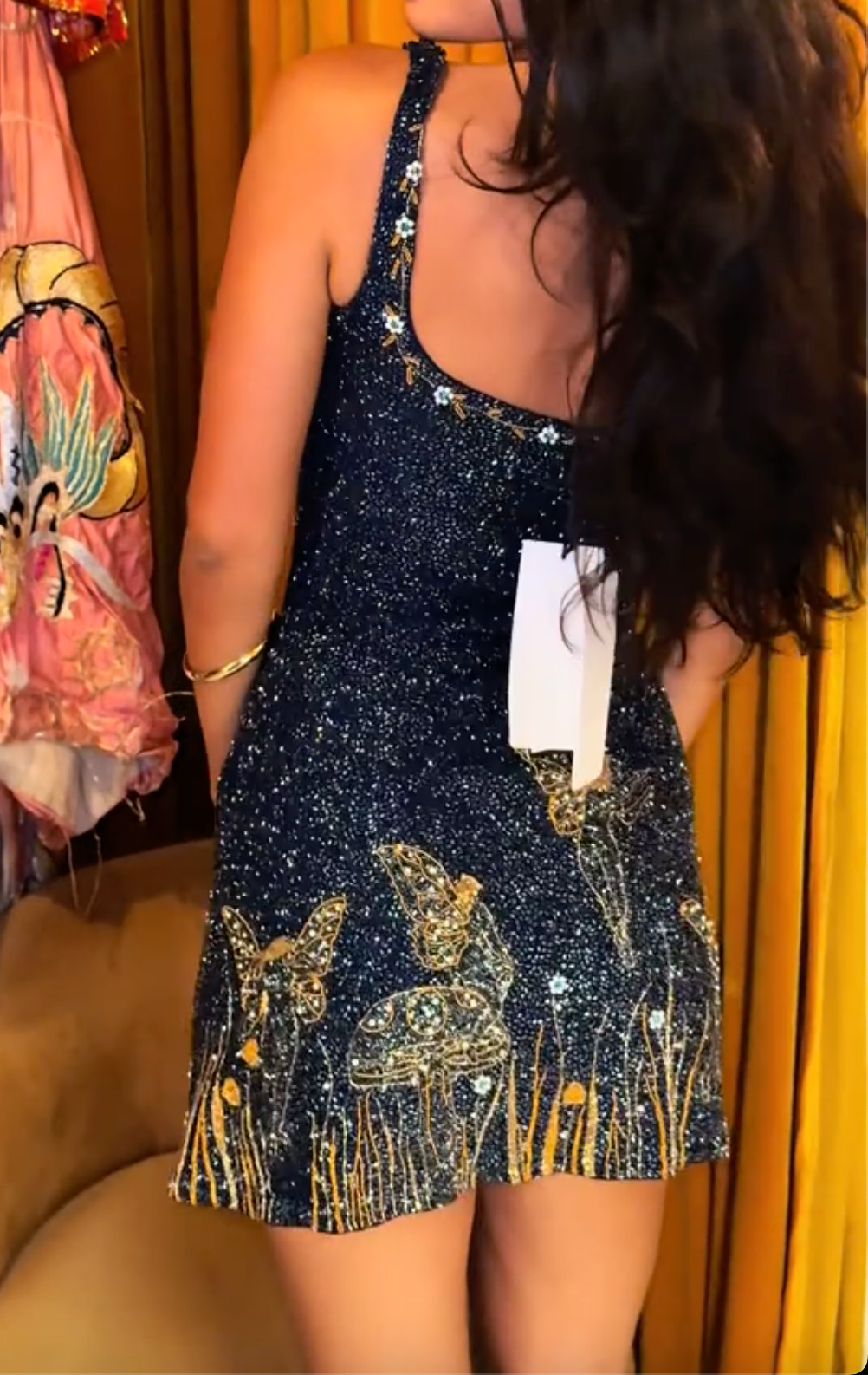 Navy Blue Glitter Mini Dress with Gold Beaded Butterfly Embroidery & Square Neck
