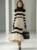 [24-hour shipping out]Fashion Loose Retro Black and White Striped Knitted Turtleneck Midi Dress
