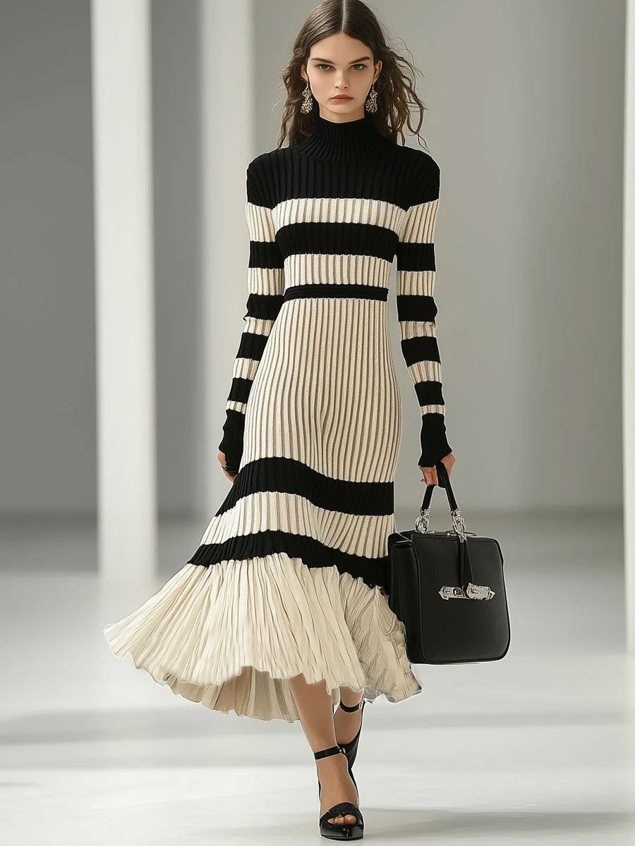 [24-hour shipping out]Fashion Loose Retro Black and White Striped Knitted Turtleneck Midi Dress
