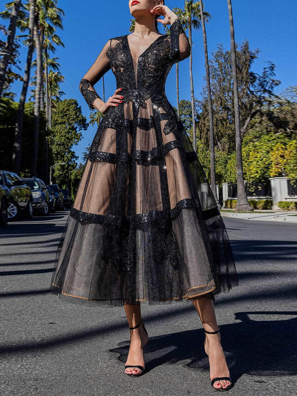 V-Neck Long-Sleeved Mesh Midi Dress
