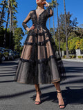 V-Neck Long-Sleeved Mesh Midi Dress