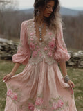 Vintage Pink Roses Embroidered Lace Linen Maxi Dress