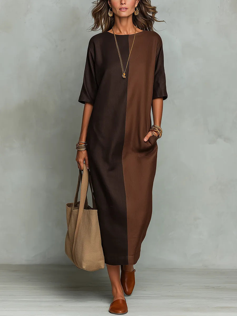 Bohemian Coffee Colored Patchwork Linen Maxi Dress