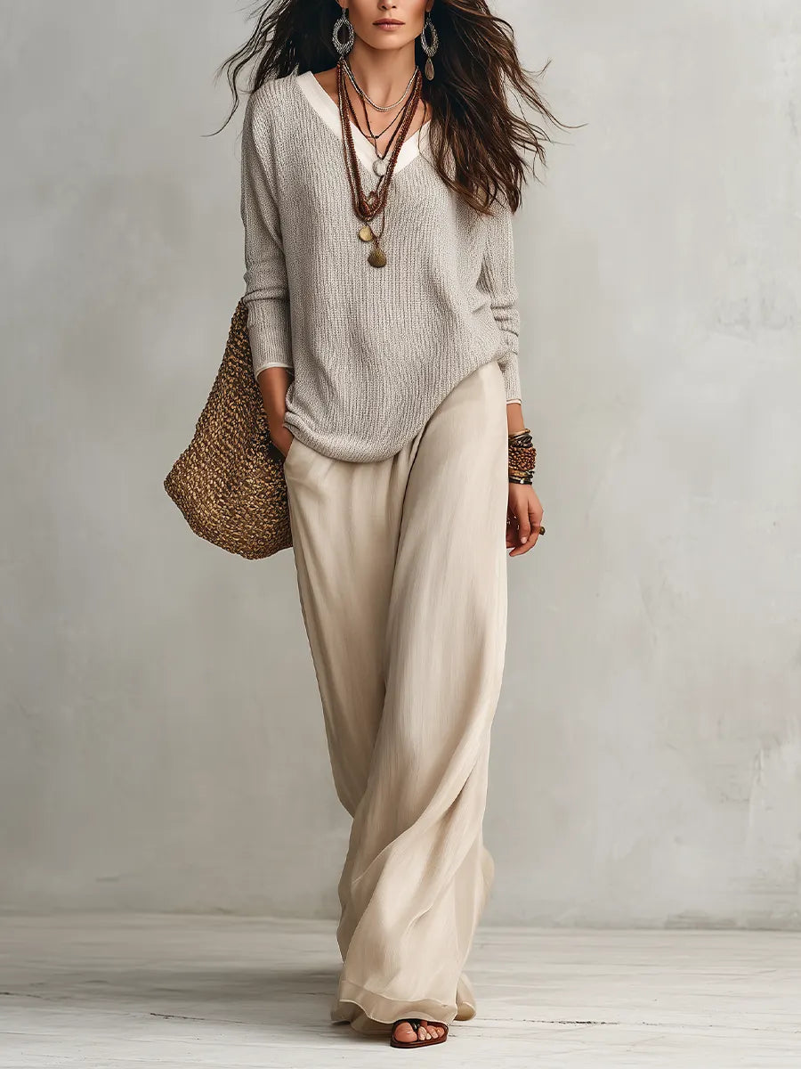 Relaxed Coastal Knit Sweater & Palazzo Pants Outfit Set