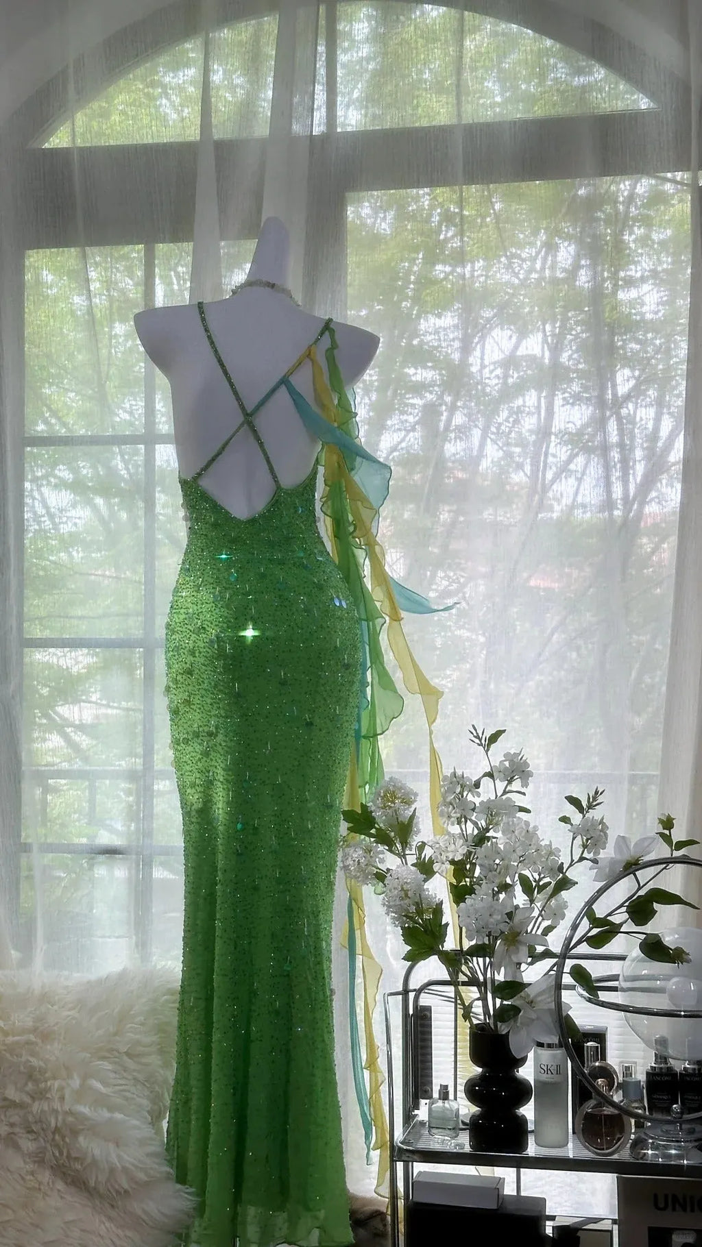 Vintage Evening Dresses, Green Sequin Mermaid Sleeveless Long Party Gowns  25530