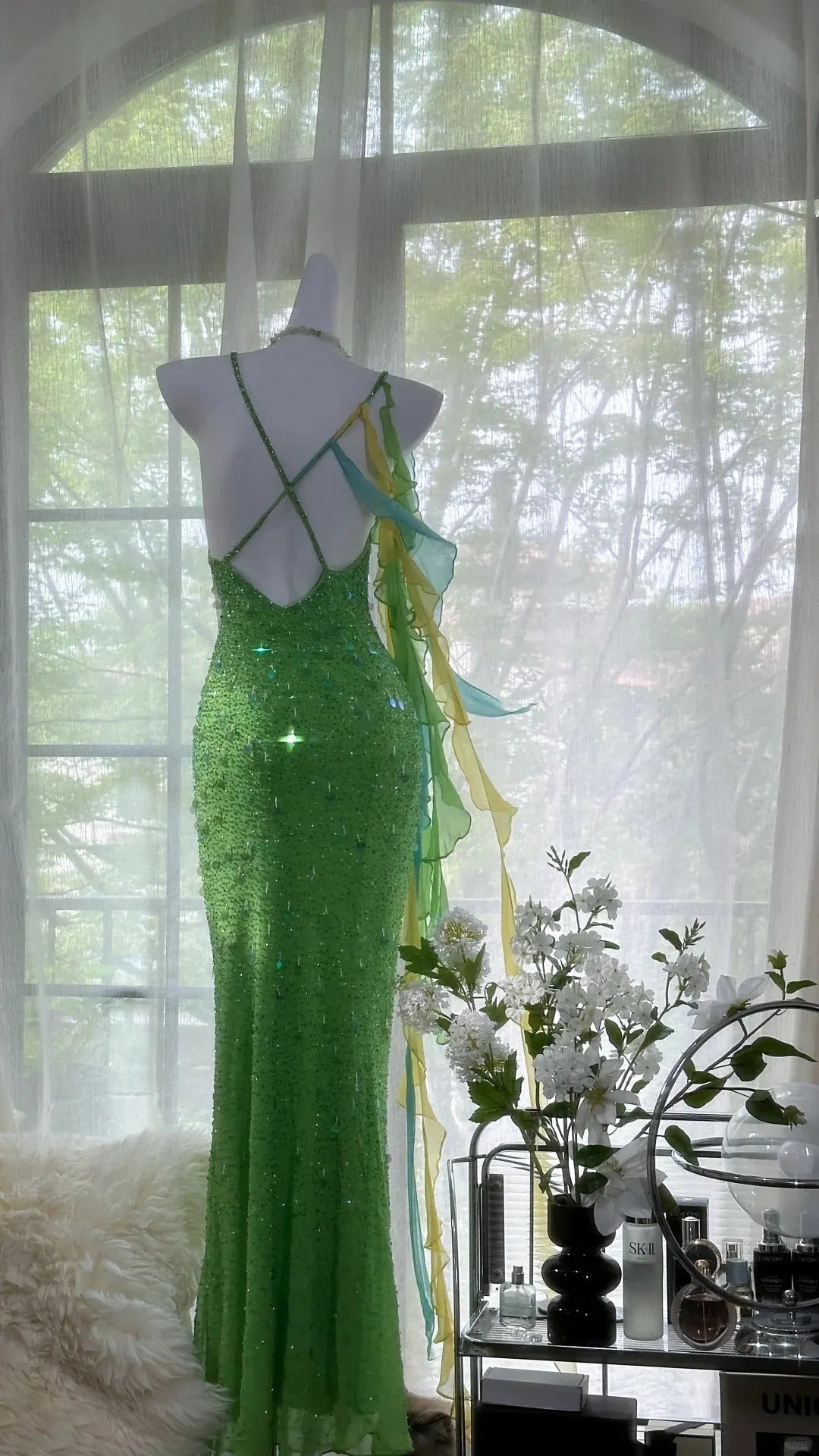 Vintage Evening Dresses, Green Sequin Mermaid Sleeveless Long Party Gowns  25530
