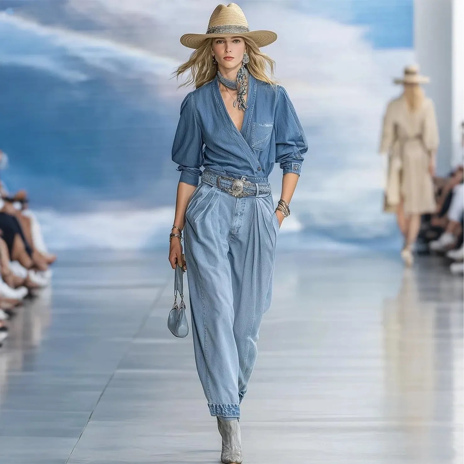 Women's Vintage Denim Elegance: A Stylish Summer Jumpsuit With A Straw Set