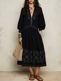 Bohemian Embroidered Resort Midnight Black Midi Dress