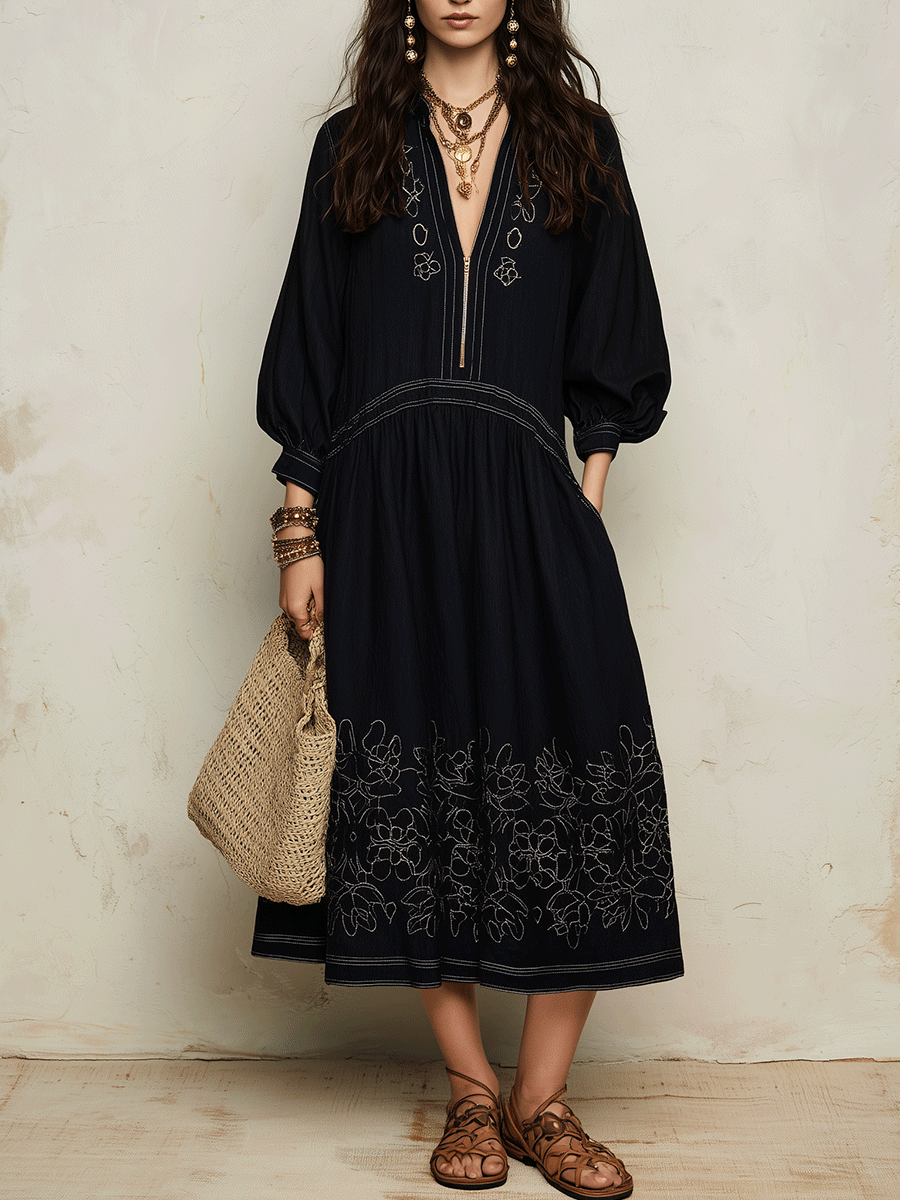 Bohemian Embroidered Resort Midnight Black Midi Dress