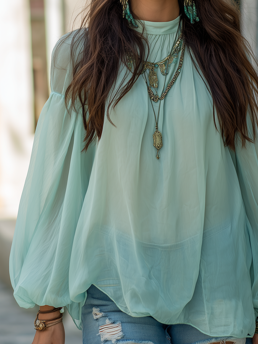 Relaxed Bohemian Sage Green Chiffon Blouse