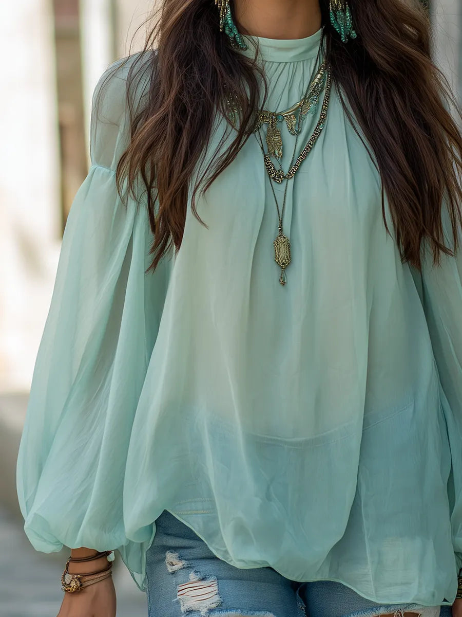 Relaxed Bohemian Sage Green Chiffon Blouse