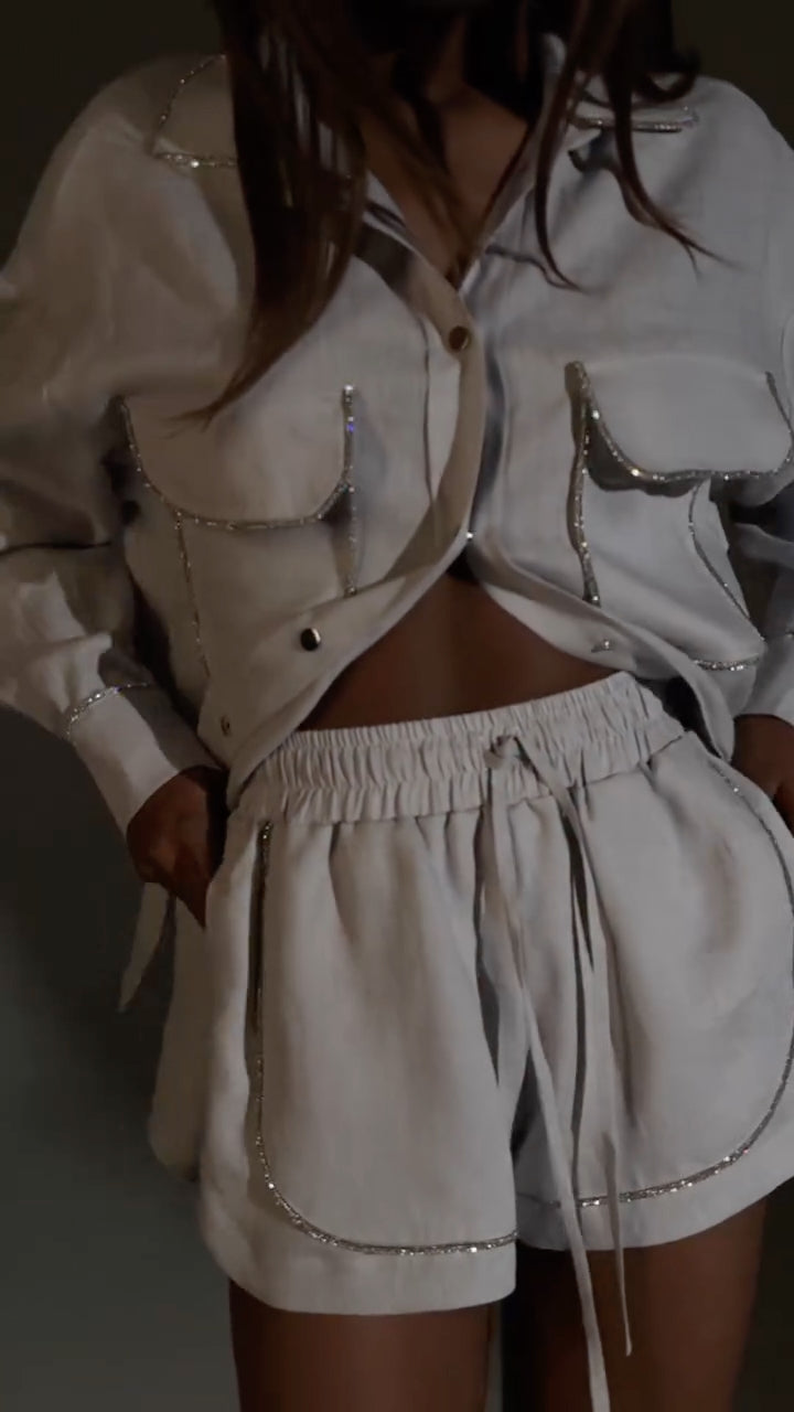 Women's Collared Linen-Trimmed Shirt & Shorts Set