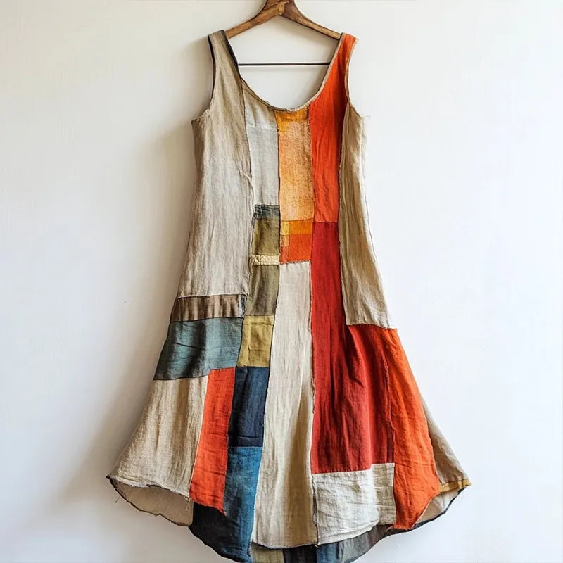 Vintage Multicolor Patchwork Art Linen Blend Dress 1852