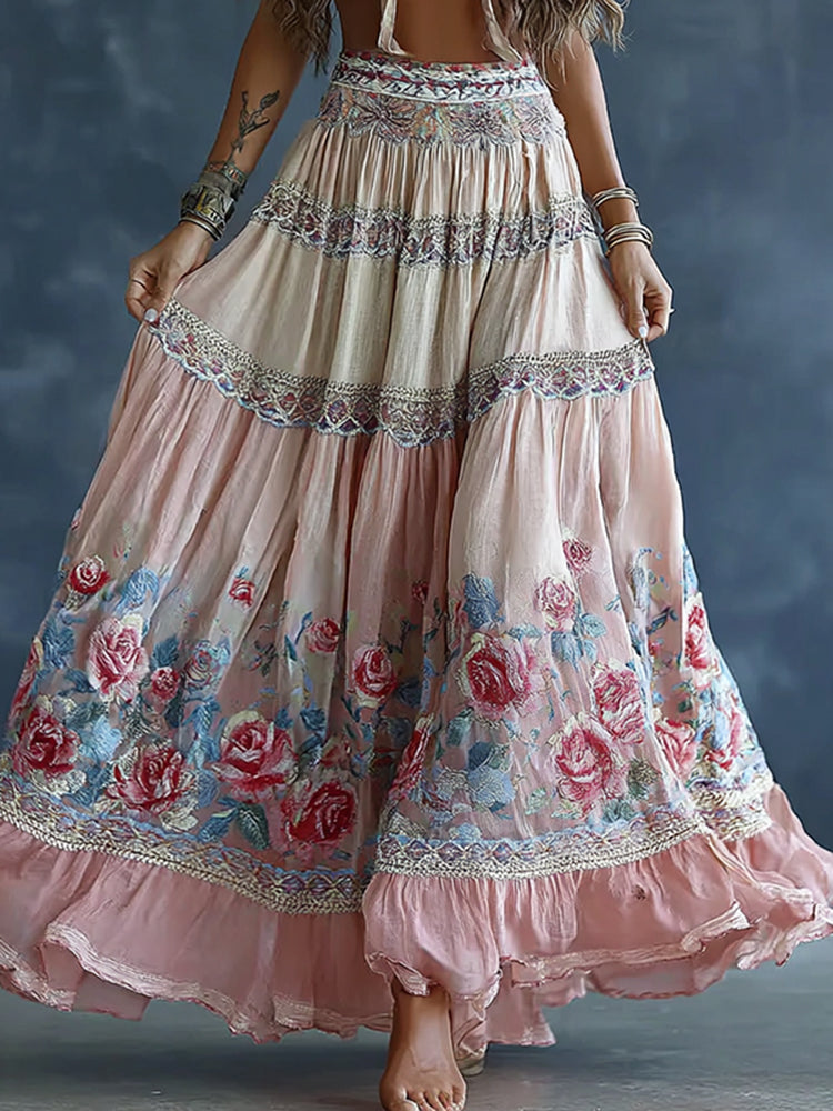 Women's Spring Floral Embroidered Art Print Flowy Linen Blend Casual Skirt