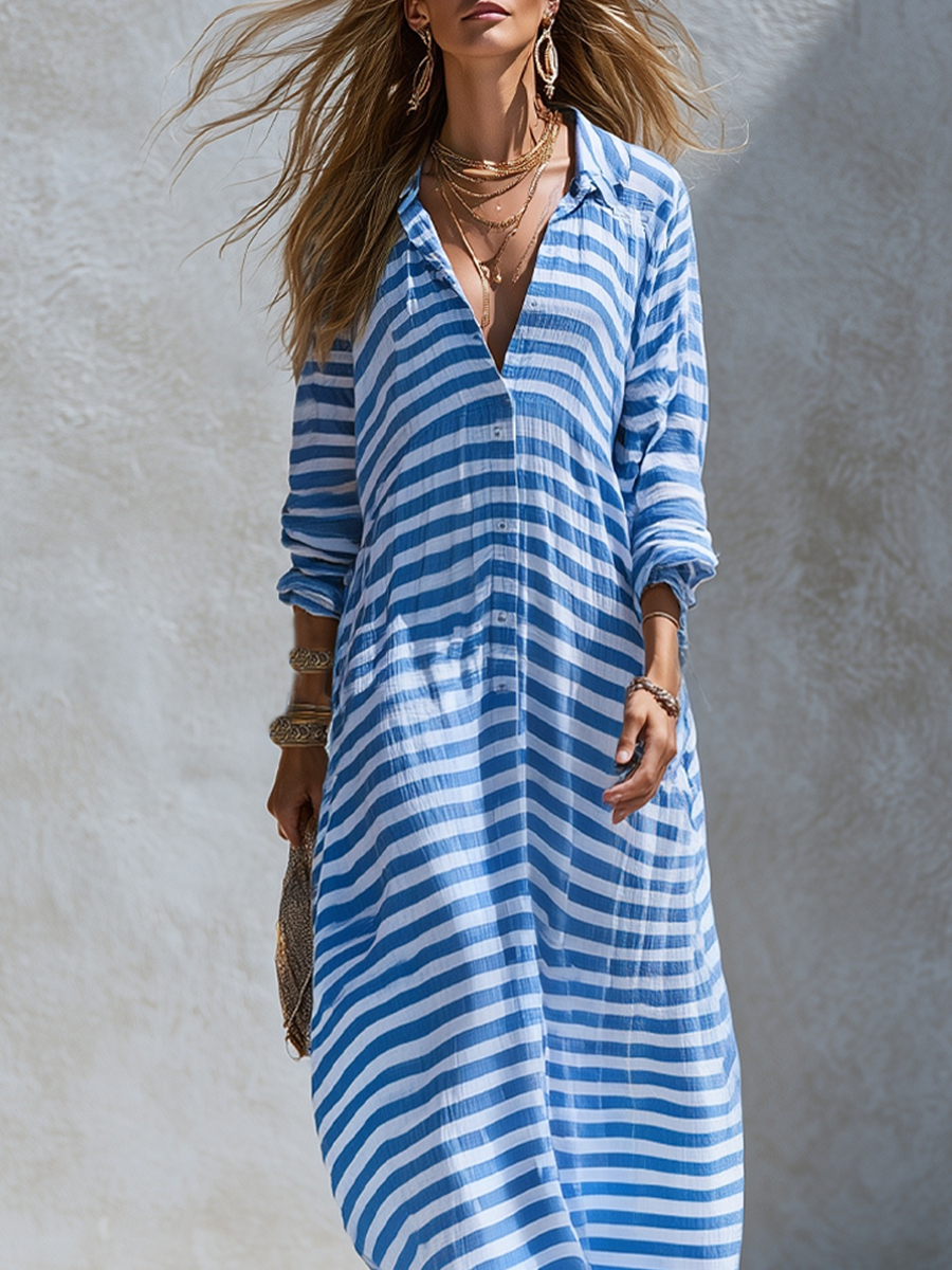 Bohemian Blue Striped Maxi Dress