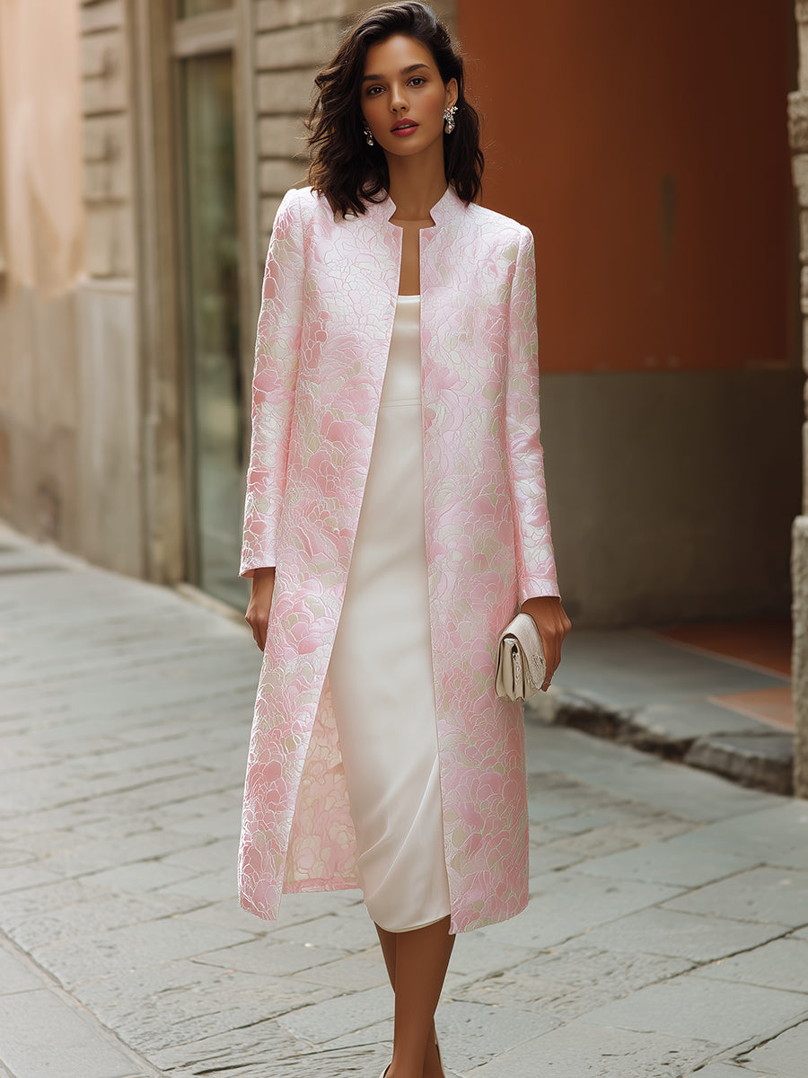 Elegant Pink Floral Jacquard Longline Coat