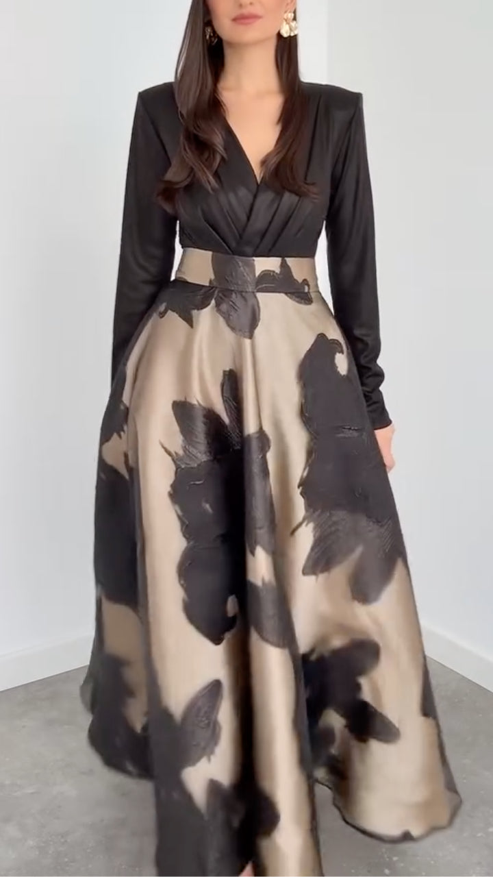 Black Beige Floral Print Maxi Dress