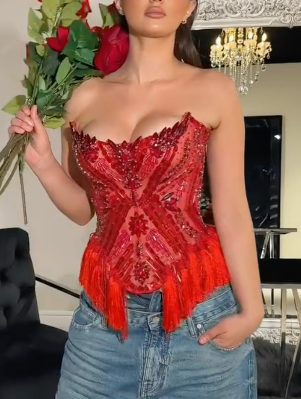 Red Strapless Crystal Beaded Fringe Corset Top with Sheer Mesh