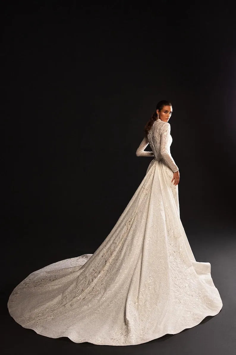 Mermaid wedding dress, V-neck high-neck long-sleeved wedding dress, two-in-one sparkling wedding dress