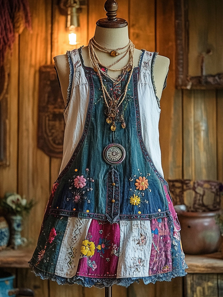 Vintage Denim Floral Patch Sleeveless Dress